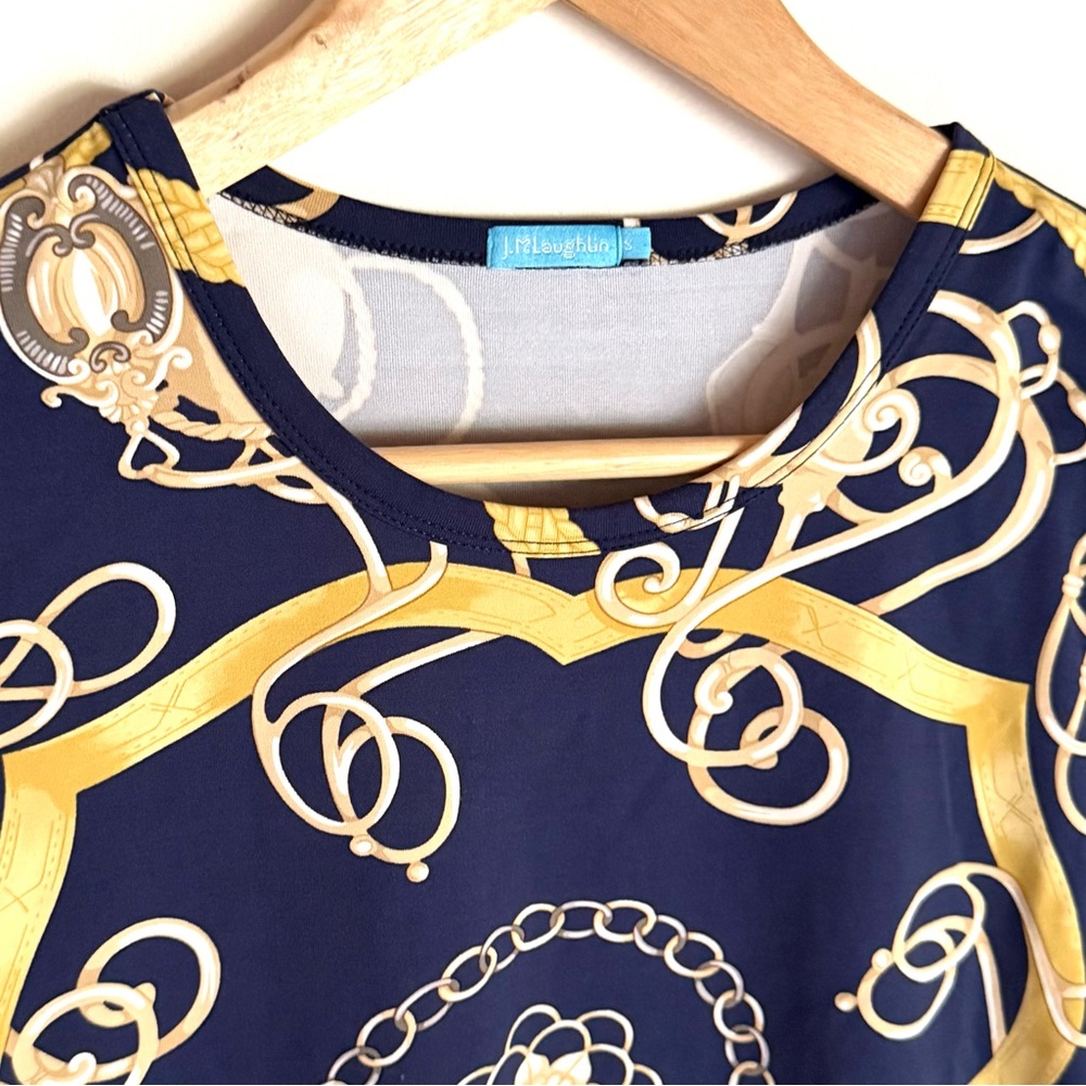 J. McLaughlin Navy & Gold 3/4 Sleeve Knit Top Shirt - Picture 4 of 6
